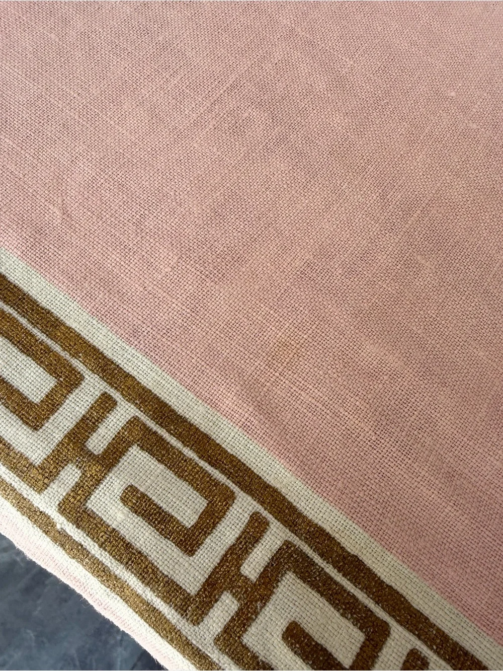 Vintage Linen Tablecloth 50x50 Pink Metallic Gold Greek Key Regency